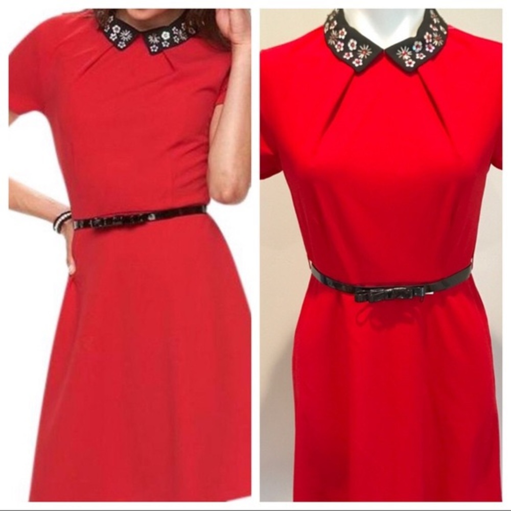 ELLE Red Party Dress with Black Beaded Collar 12